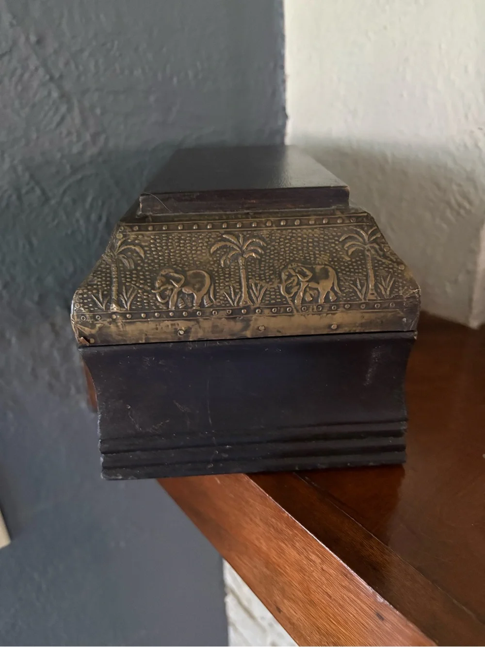 Vintage Style Wooden & Embossed Brass Elephant Trinket Jewelry Box - India
